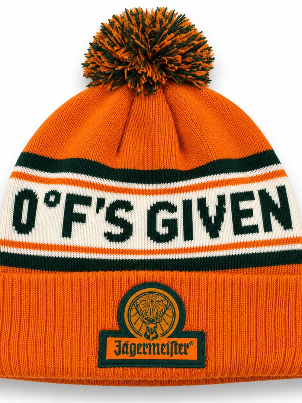 Jagermeister Orange Knit Pom Beanie with Green and White Accents